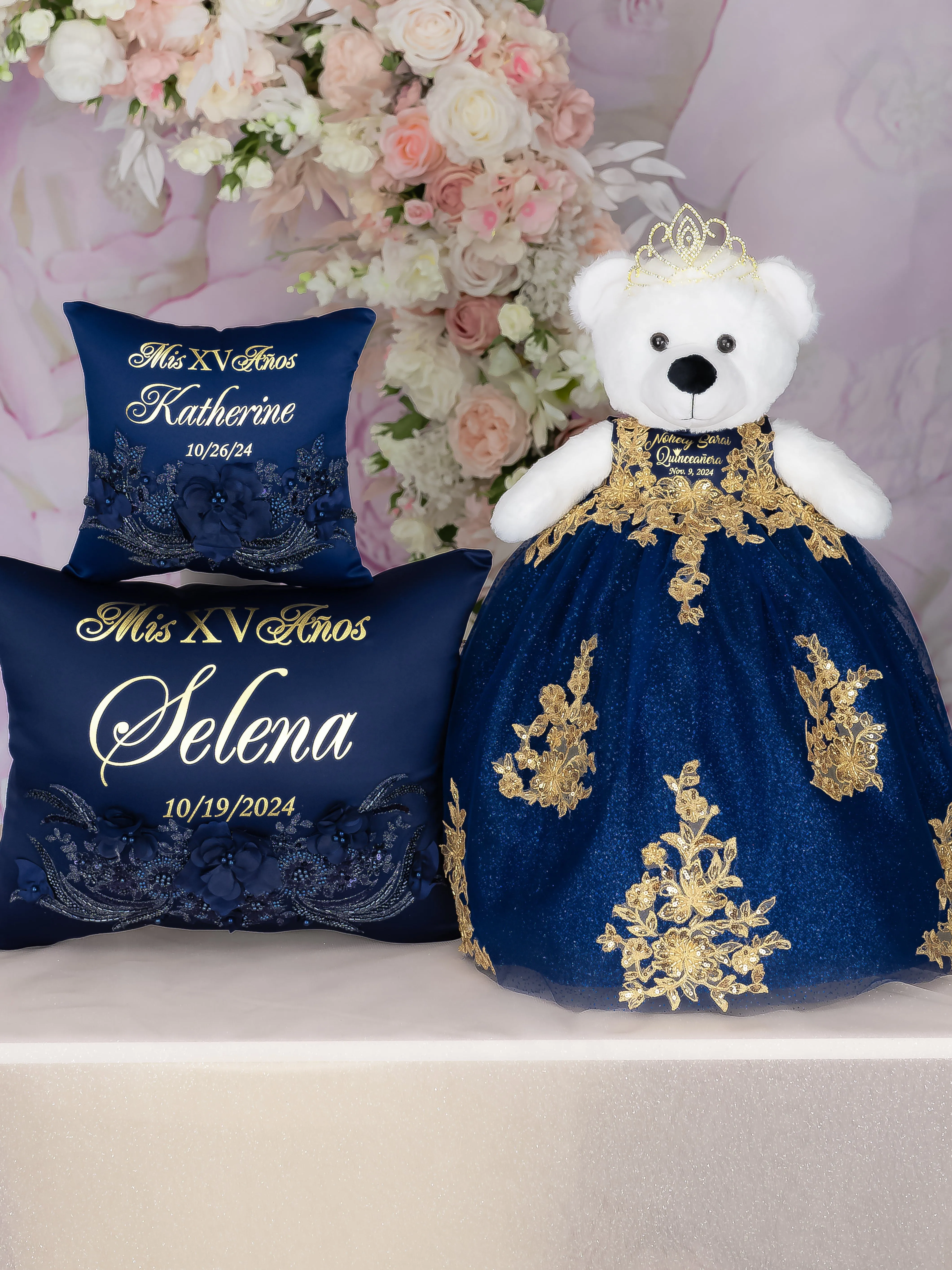 Navy Blue with gold Quinceanera pillows set and oso