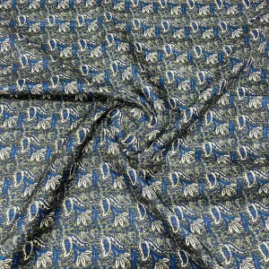 Olive Green Blue Floral Print Tusser Silk