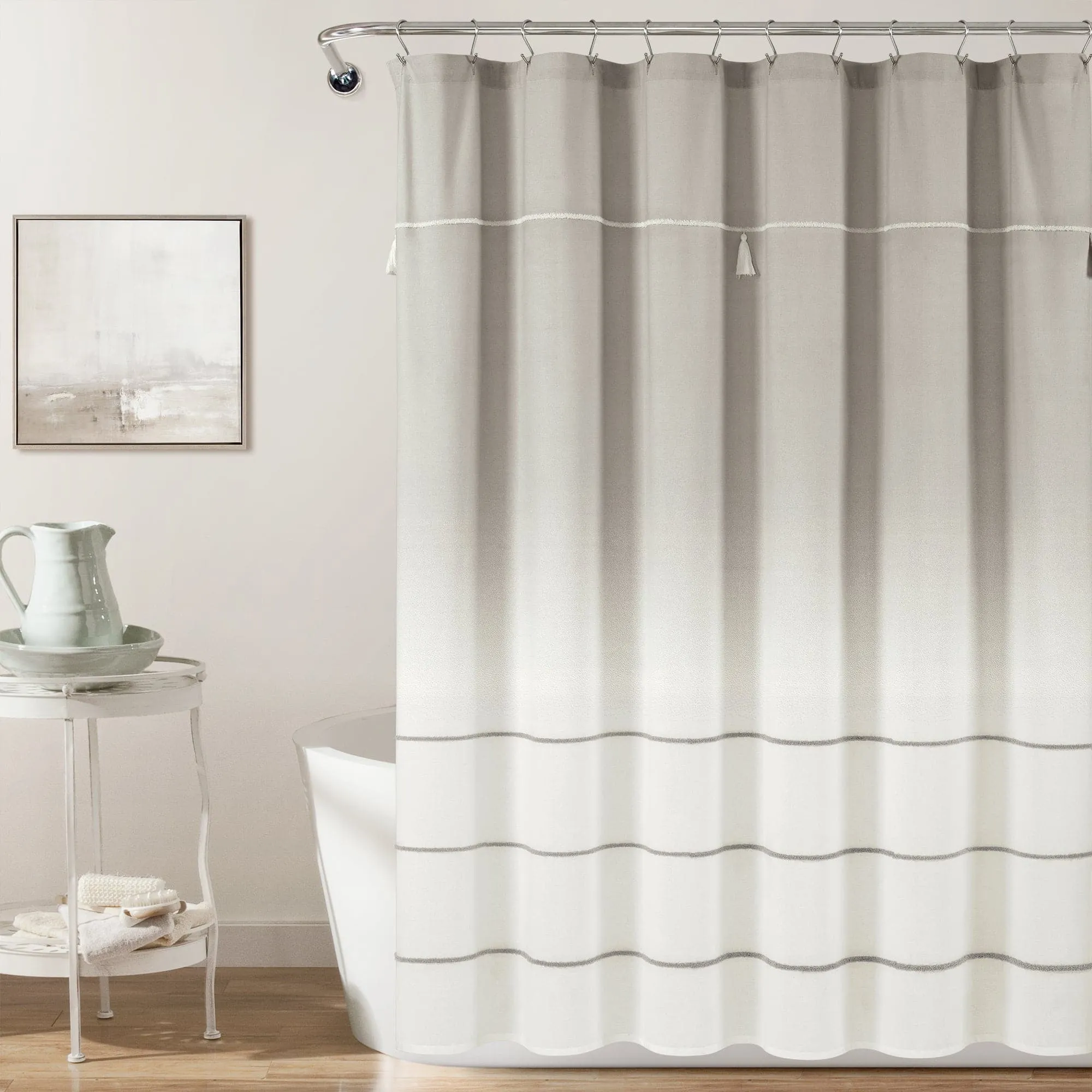 Ombre Embroidery Tassel Cotton Shower Curtain