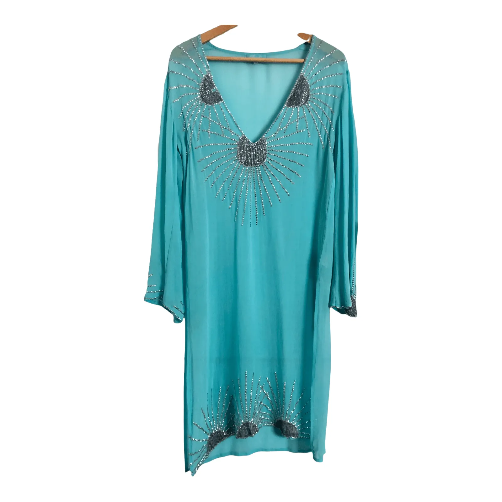 Papillon Bleu 100% Silk Long Sleeved Kaftan Dress Light Blue Sequinned Size M