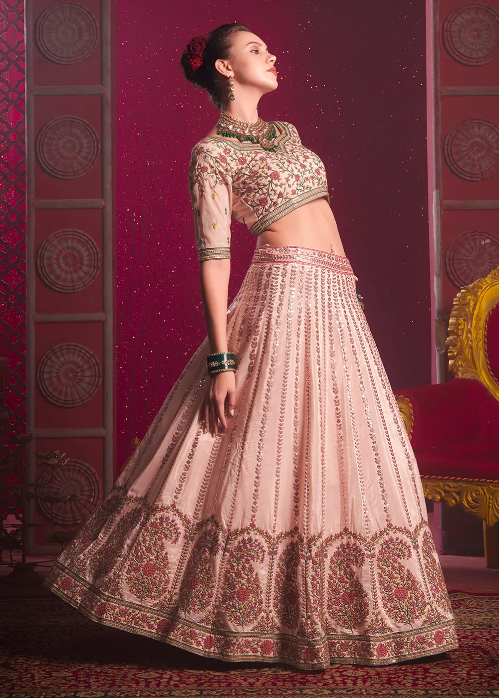 Peach Premium Silk Embroidered Bridesmaids Lehenga Choli