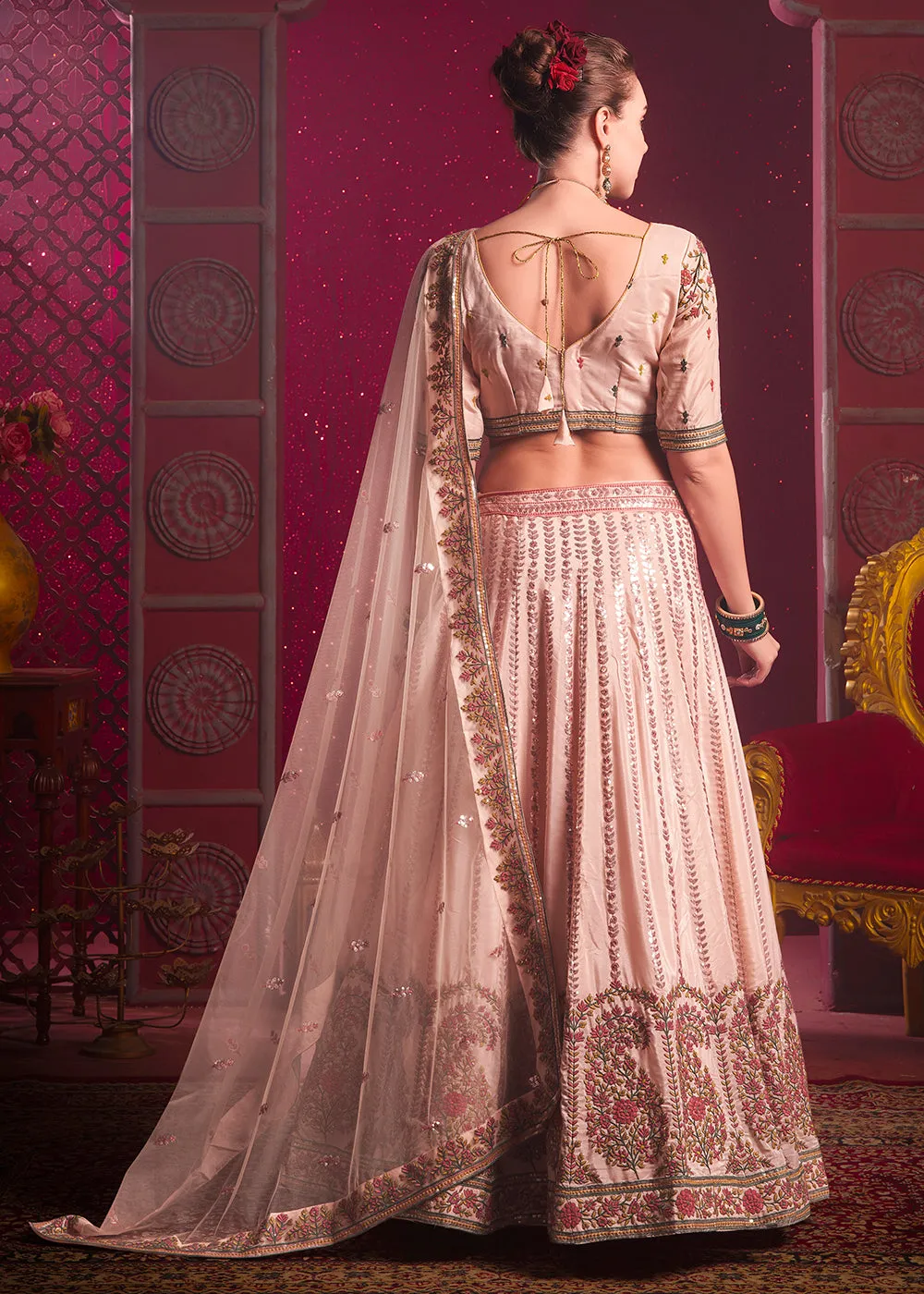 Peach Premium Silk Embroidered Bridesmaids Lehenga Choli