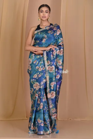 Pehal~ Authentic Starlight Blue Yellow Moonga Saree with Sleek Border & Beautiful Floral print.