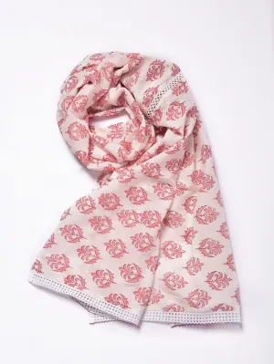 Pink Buta On White Print Cotton Stole