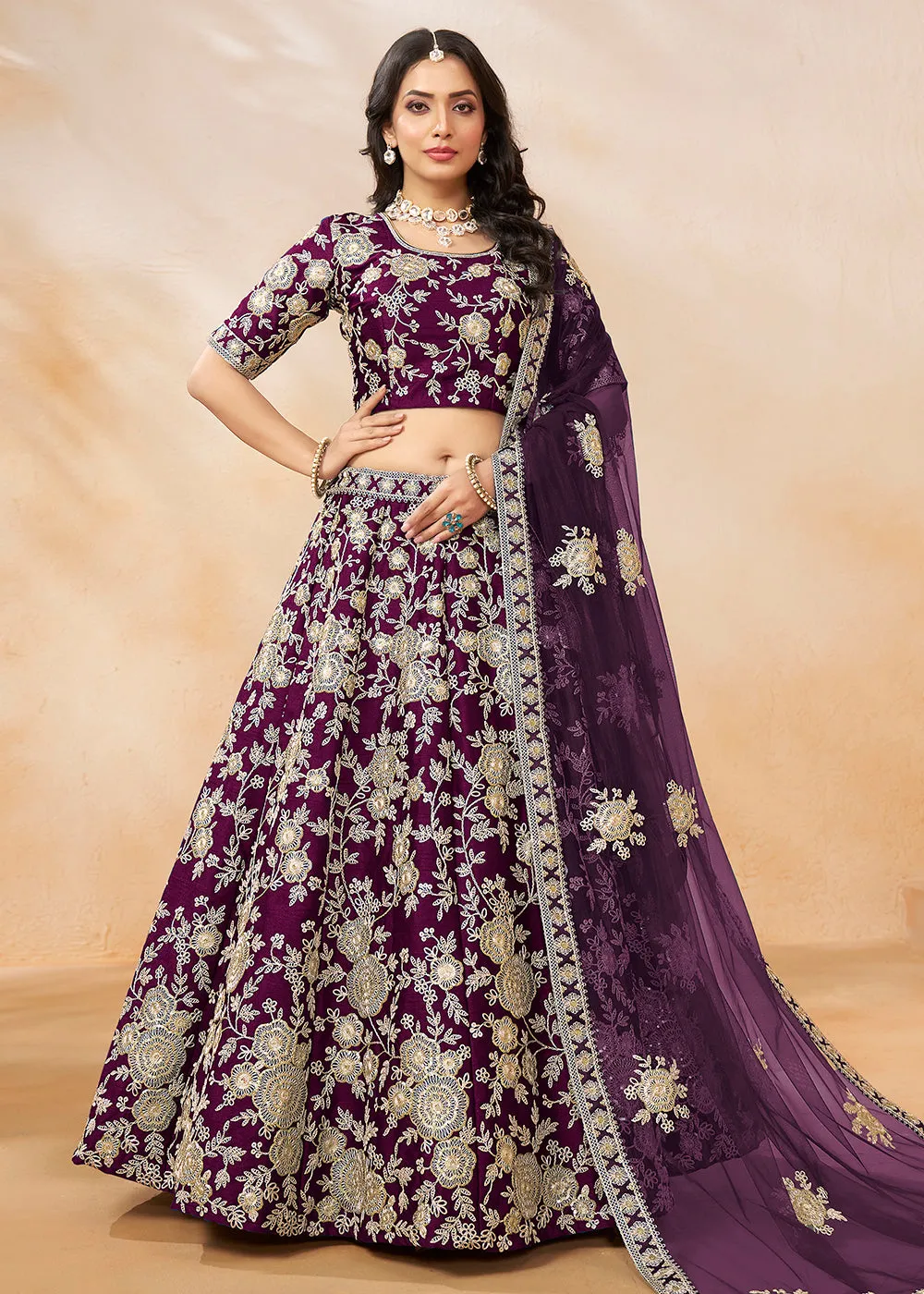 Plum Wine Embroidered Art Silk Wedding Lehenga Choli