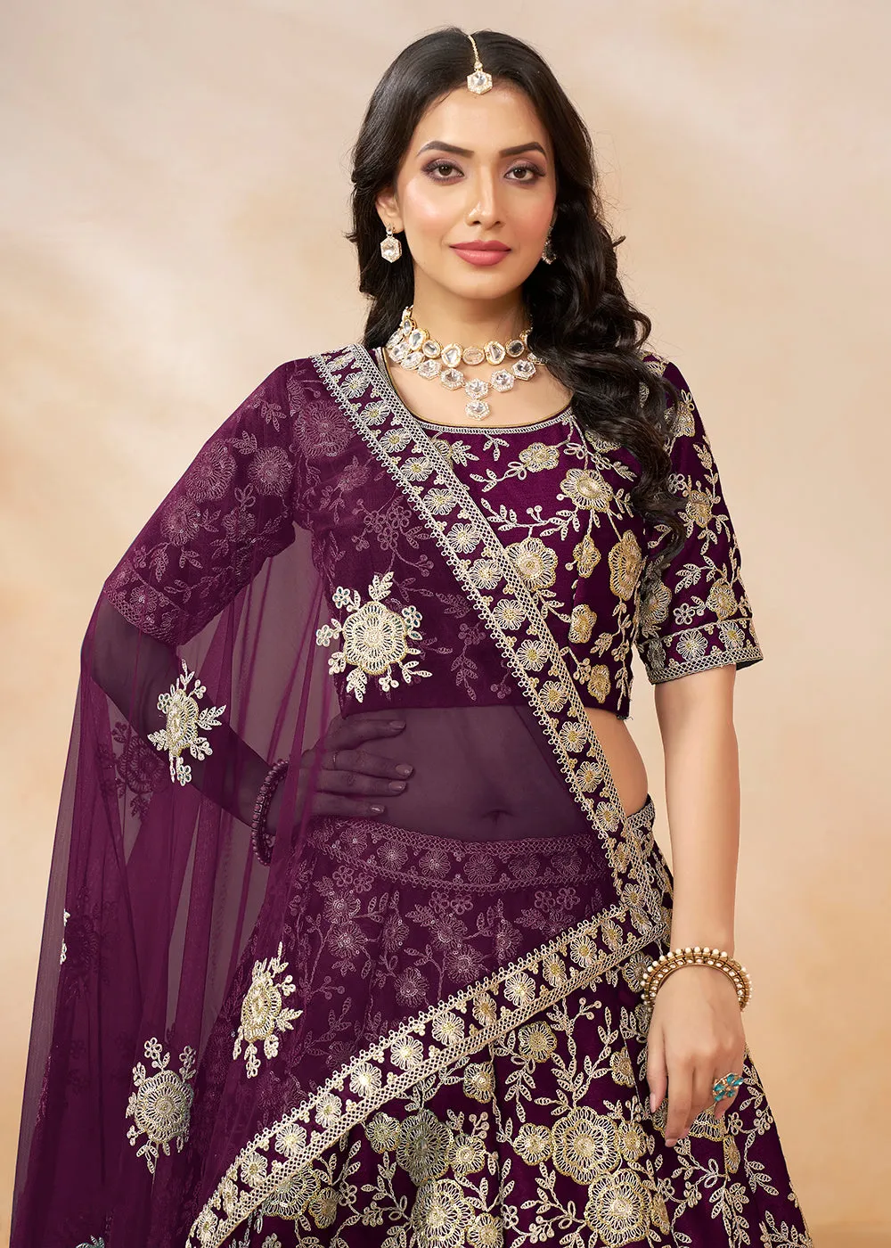 Plum Wine Embroidered Art Silk Wedding Lehenga Choli