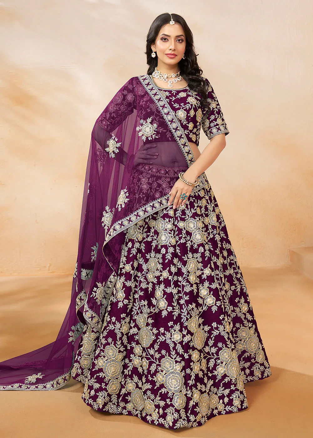 Plum Wine Embroidered Art Silk Wedding Lehenga Choli