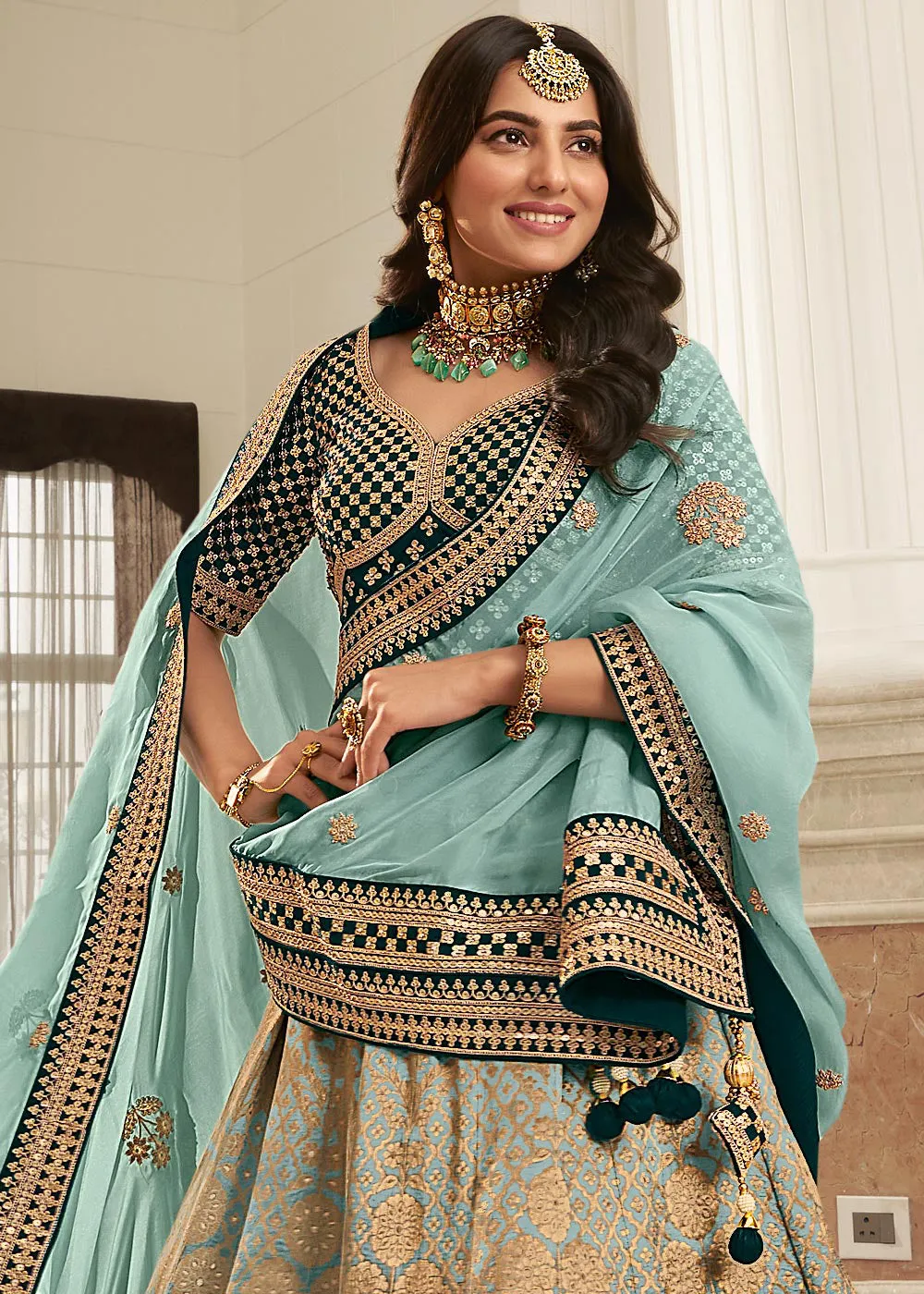 Pretty Teal Blue Heavy Embroidered Silk Bridal Lehenga Choli