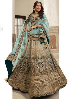 Pretty Teal Blue Heavy Embroidered Silk Bridal Lehenga Choli