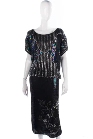 Pure Silk Two Piece Top and Skirt Black and Silver Sequinned Size 14/16