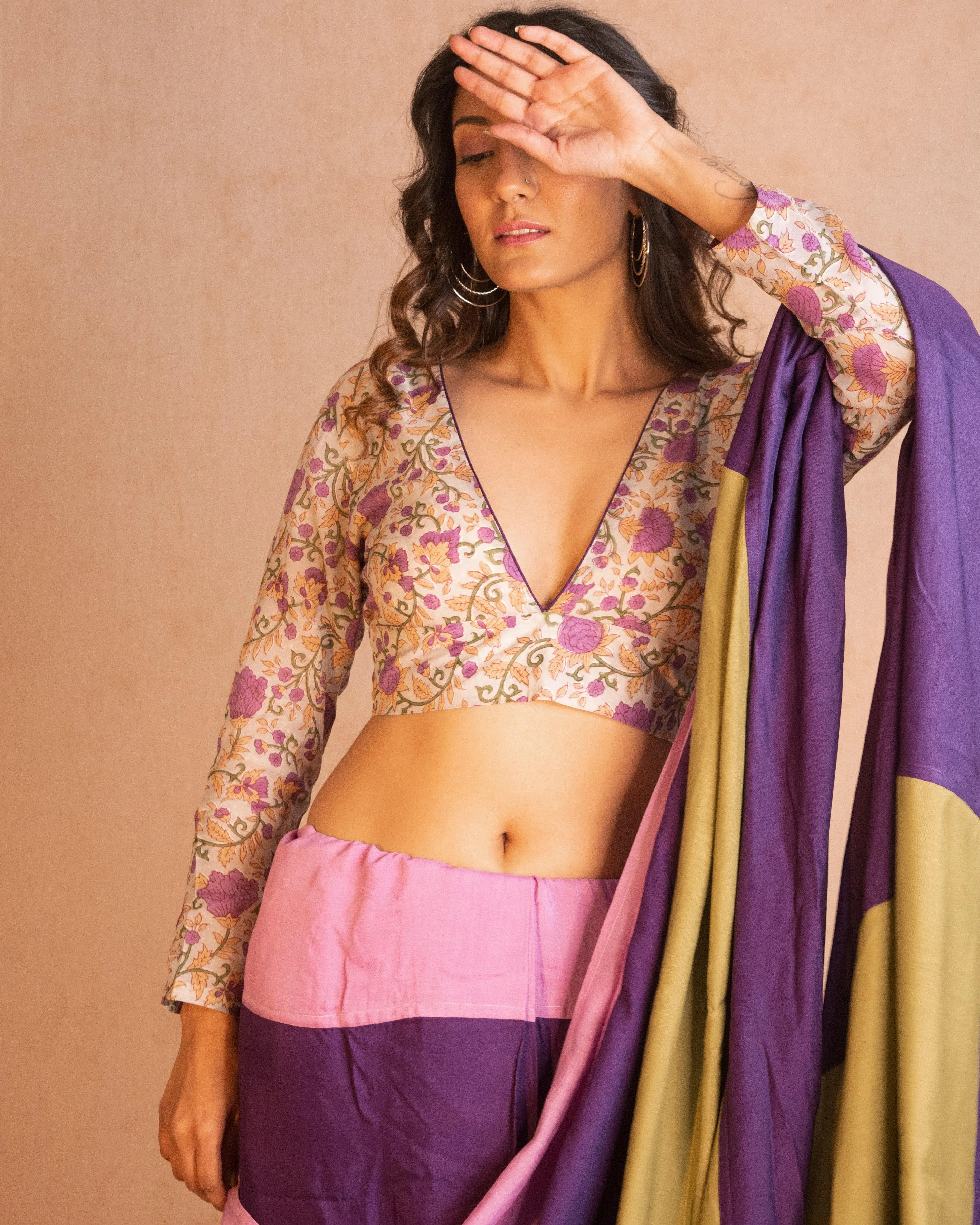 Purple Hand Block Printed Silk Blouse