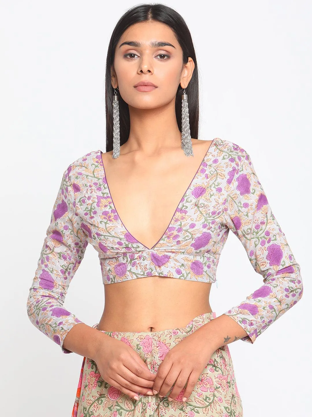 Purple Hand Block Printed Silk Blouse