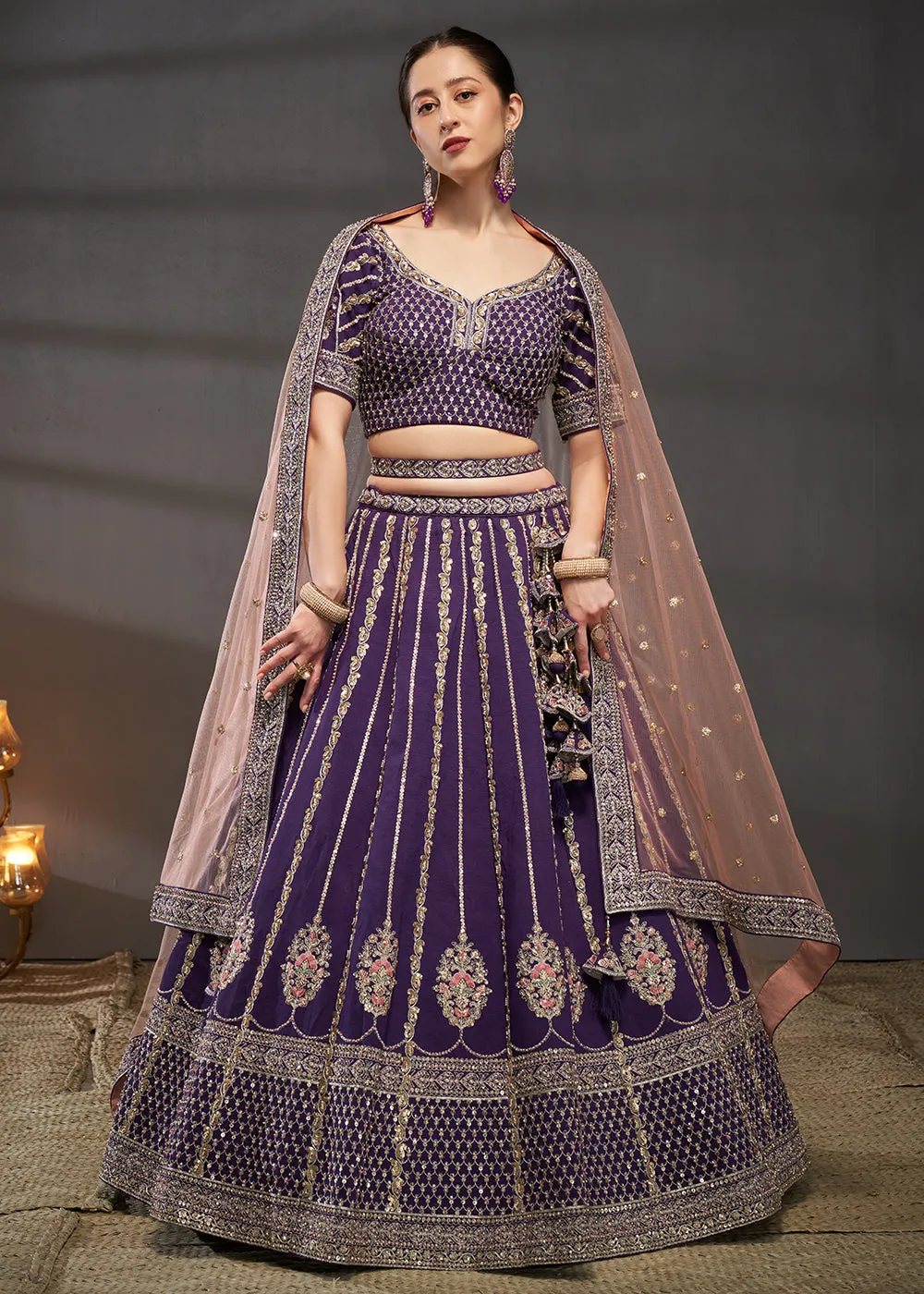 Purple Pure Silk Sabyasachi Style Bridal Lehenga Choli