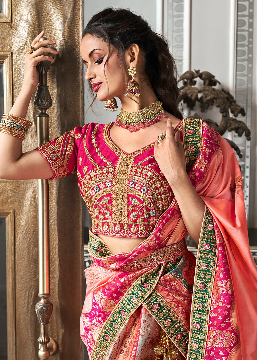 Rani Multicolor Banarasi Silk Embroidered Bridal Lehenga Choli