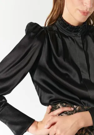 Roberta Black Silk Blouse with Ruffled Collar