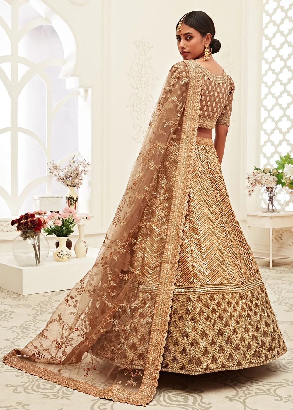 Trendy Brown Silk Embroidered Wedding Lehenga Choli