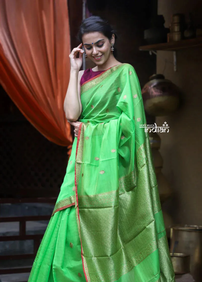 Utsaav ~ Banarasi Pure Cotton Silk Chanderi Handloom in Perfect Fresh Green with Subtle Zari