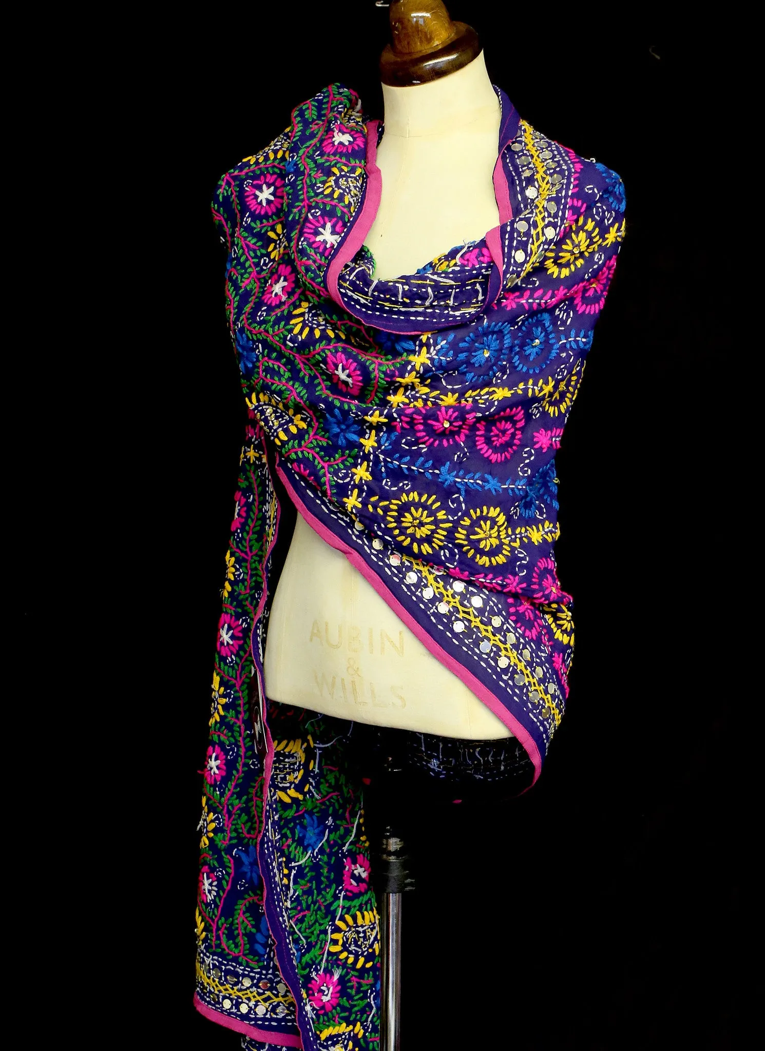 Vintage Indian Phulkari Blue Embroidered Silk Wool Wrap